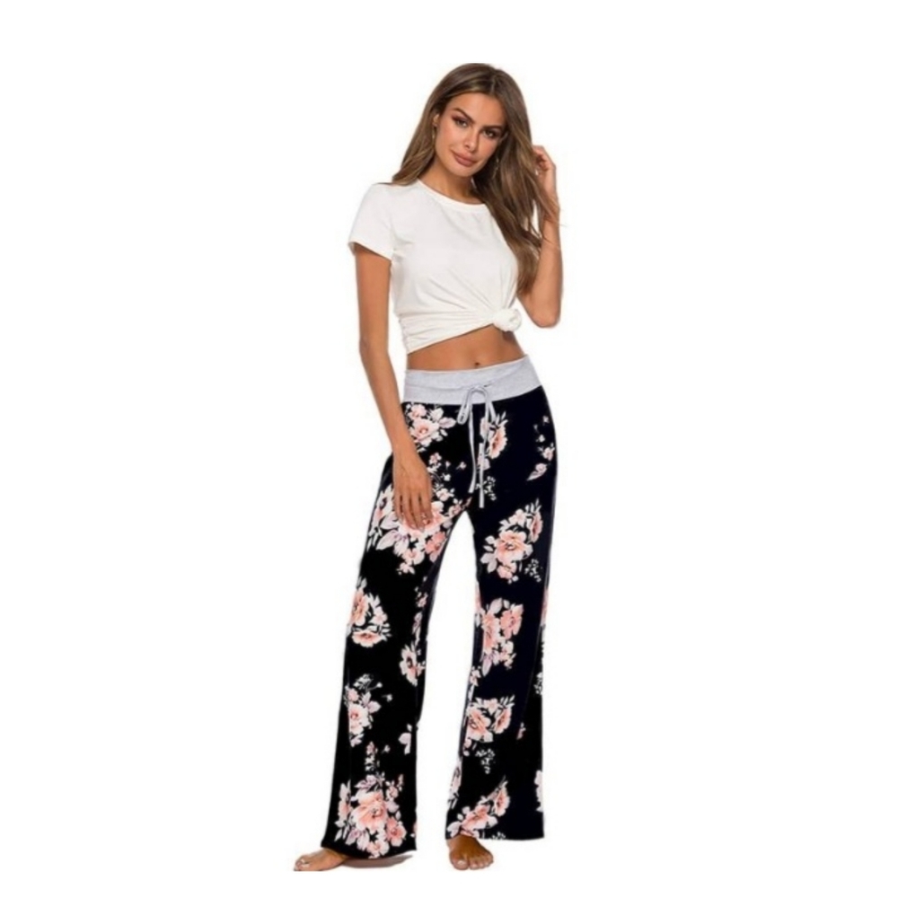 Black Floral Women's Stretch Wide Leg Pajama Lounge Pants, (NEW)
